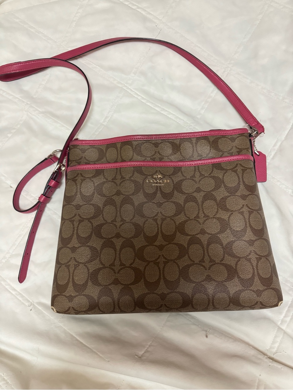 Coach Signature Pink Trim Crossbody Purse AS IS / Repair